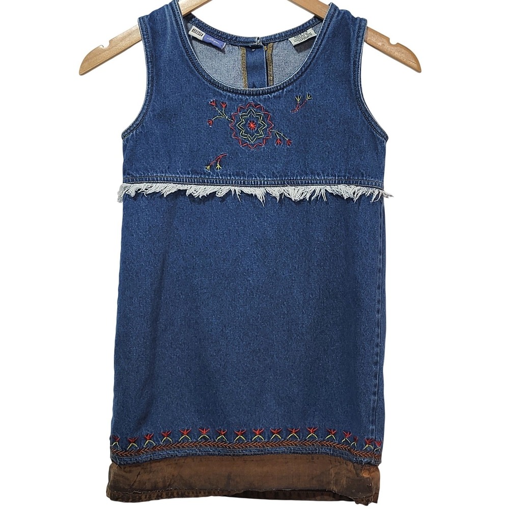 Faded Glory Girls Joni Jumper Blue Denim Embroidered Fringe Dress Size 7/8 *